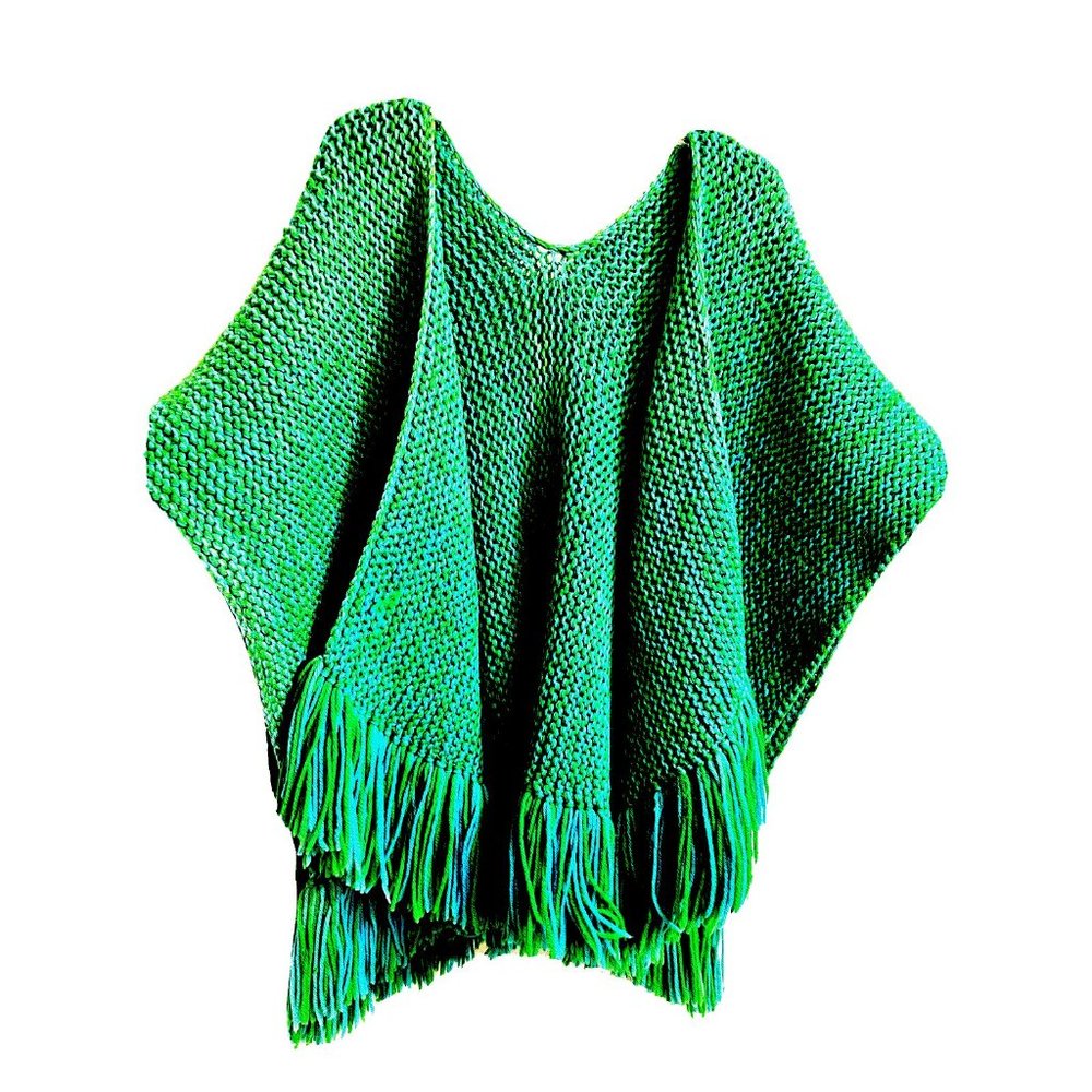 Vintage Hand Made Poncho Sweater Cardigan Shawl Open Front -One Size -Green Blue